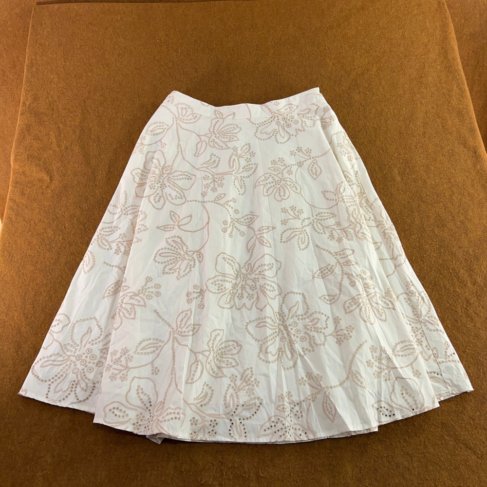 Tahari Womens 16 White Tan Floral Eyelet Embroidered A-Line Midi Skirt New